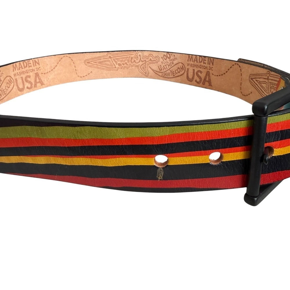 Jon Wye Mens Leather Belt Multicolor Wavy Stripe Made in USA Black Buckle - Picture 4 of 6